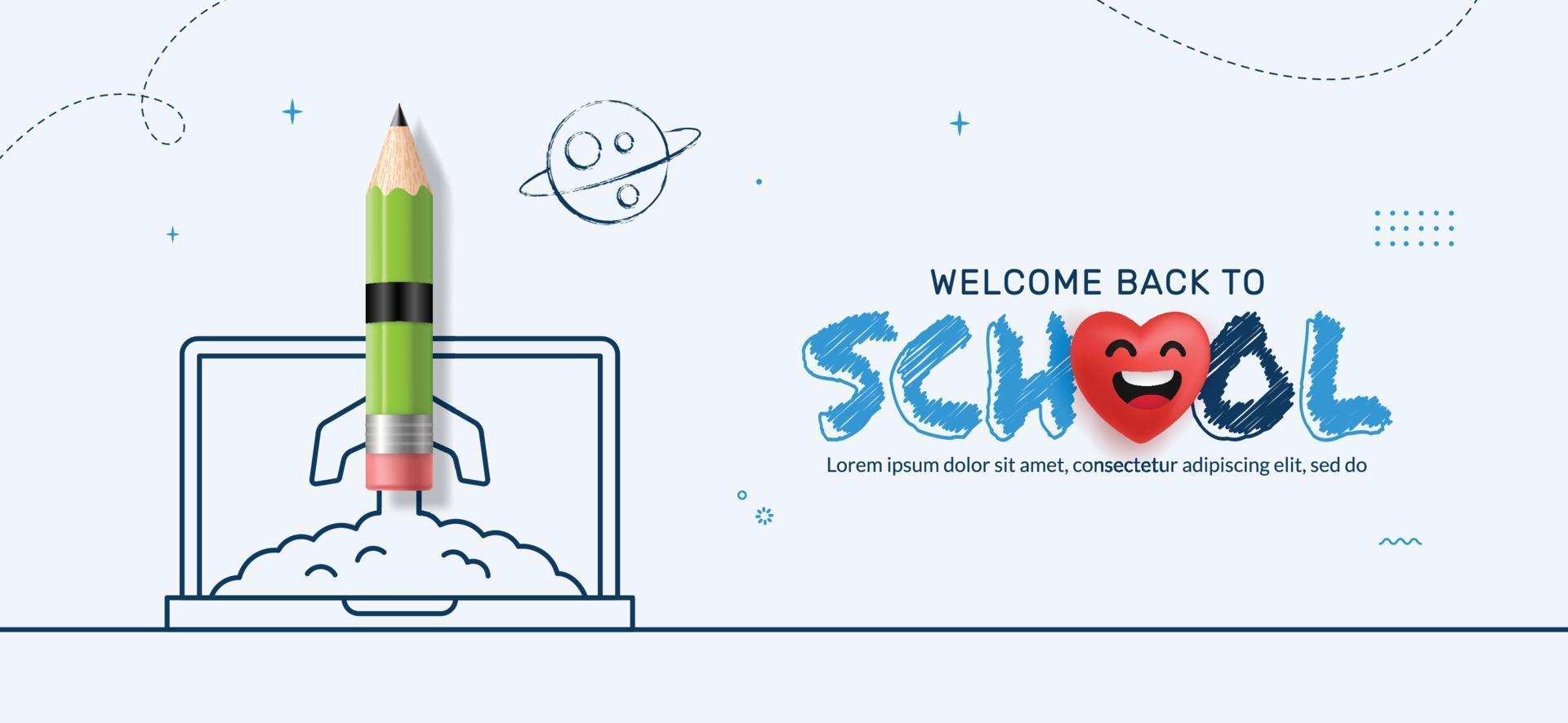 Back to School background with Pencil rocket launching from Laptop to space. Online learning and Web page template, Digital Education concept vector