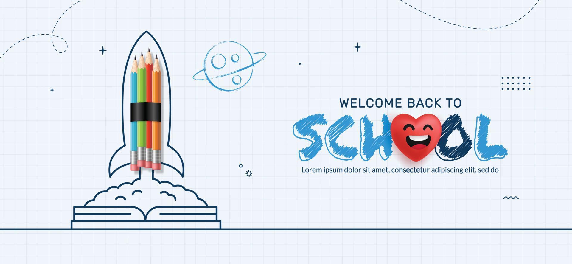 Back to School background with Pencil rocket launching from Notebook to space. Online learning and Web page template, Digital Education concept vector