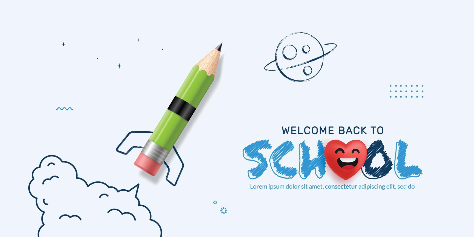 lanzamiento de cohetes de lápiz al fondo espacial, concepto de regreso a la escuela, aprendizaje en línea y plantilla de diseño de página web vector