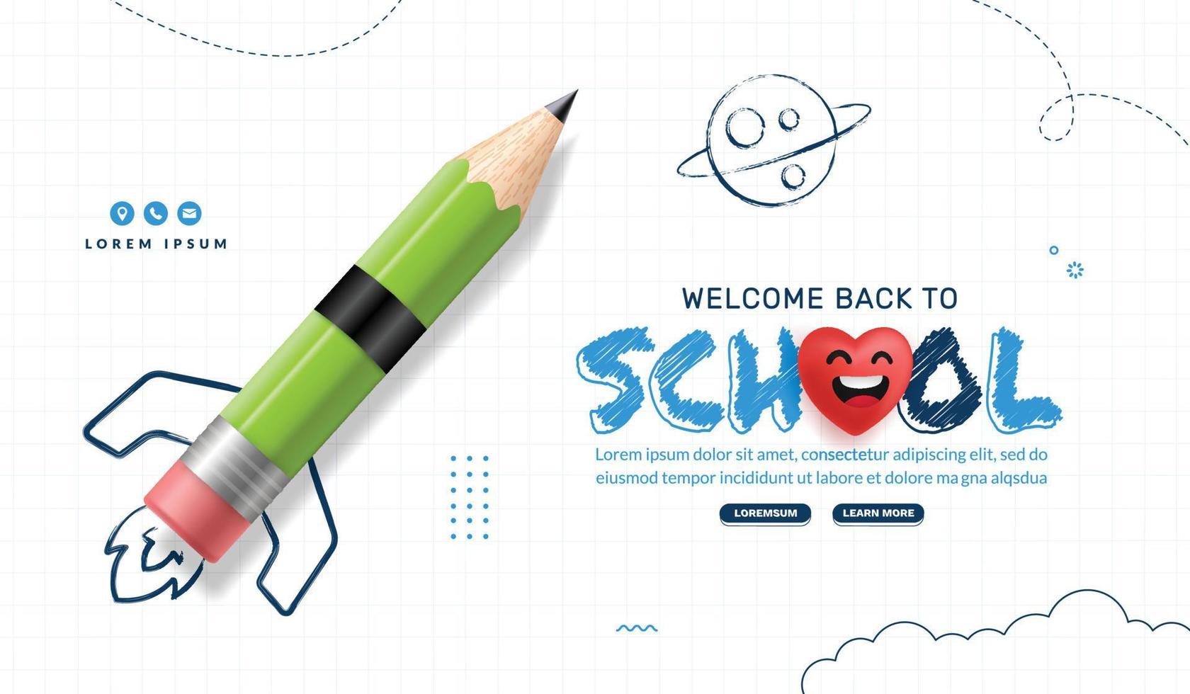 Back to School background with Green pencil rocket launching to space. Online learning and Web page template, Digital Education concept vector