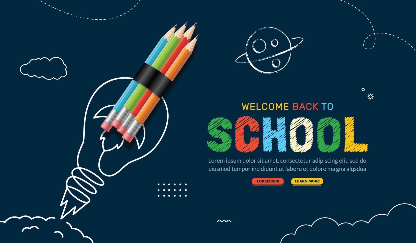 Back to School background with doodle light bulb and rocket pencil launching to space. Online learning and Web page template, Digital Education concept vector