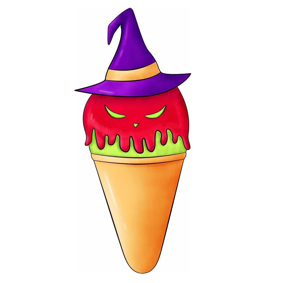 Realistic icon Halloween green ice cream with eyes in a hat. Isolated object on a white background. vector