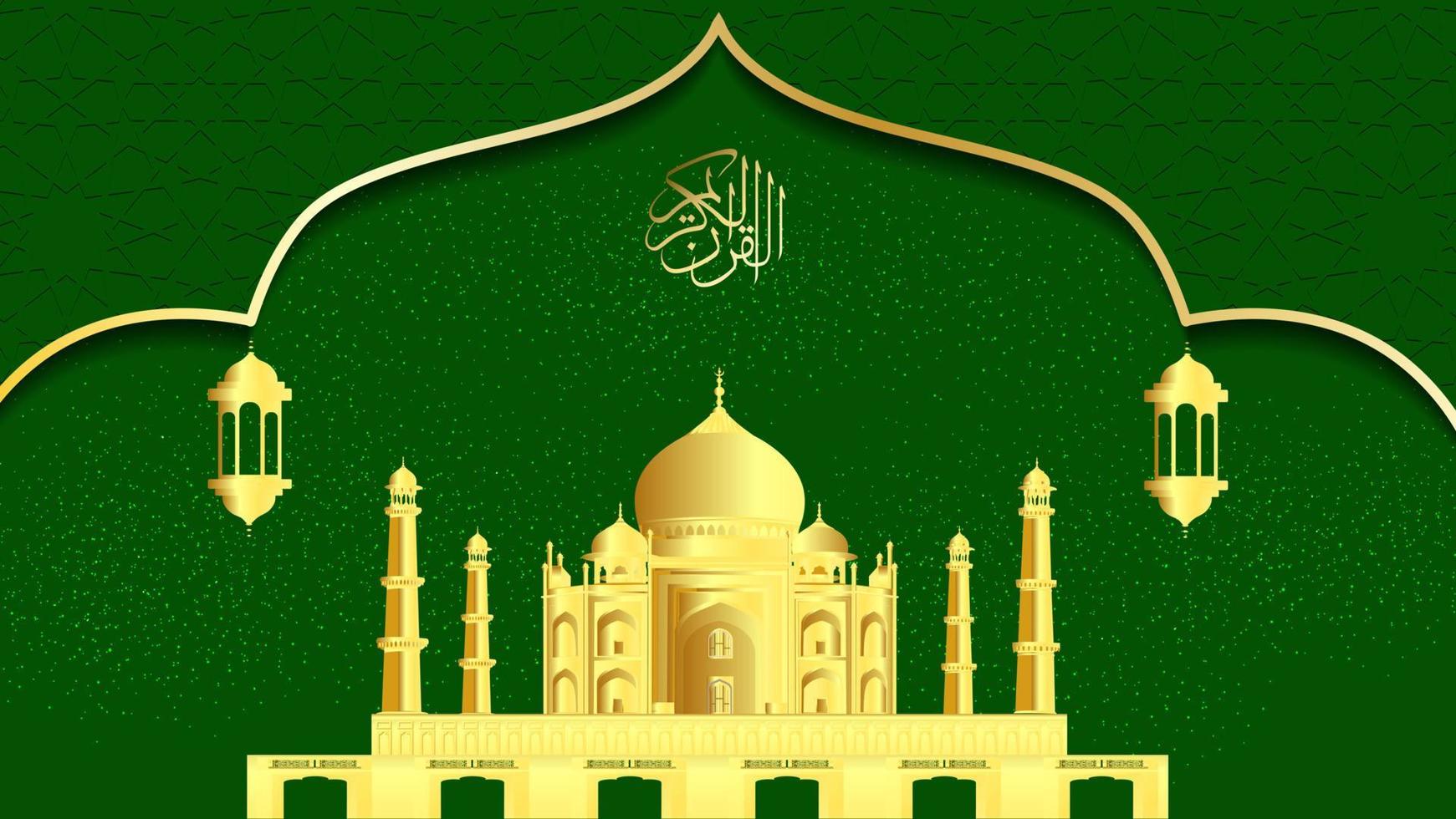 Green and Gold Eid celebration background with mosque and hanging lanterns vector