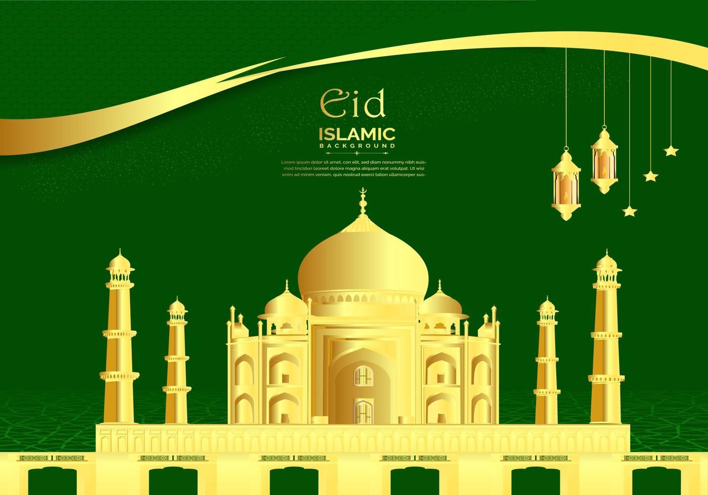 Green and Gold Eid celebration background with mosque vector