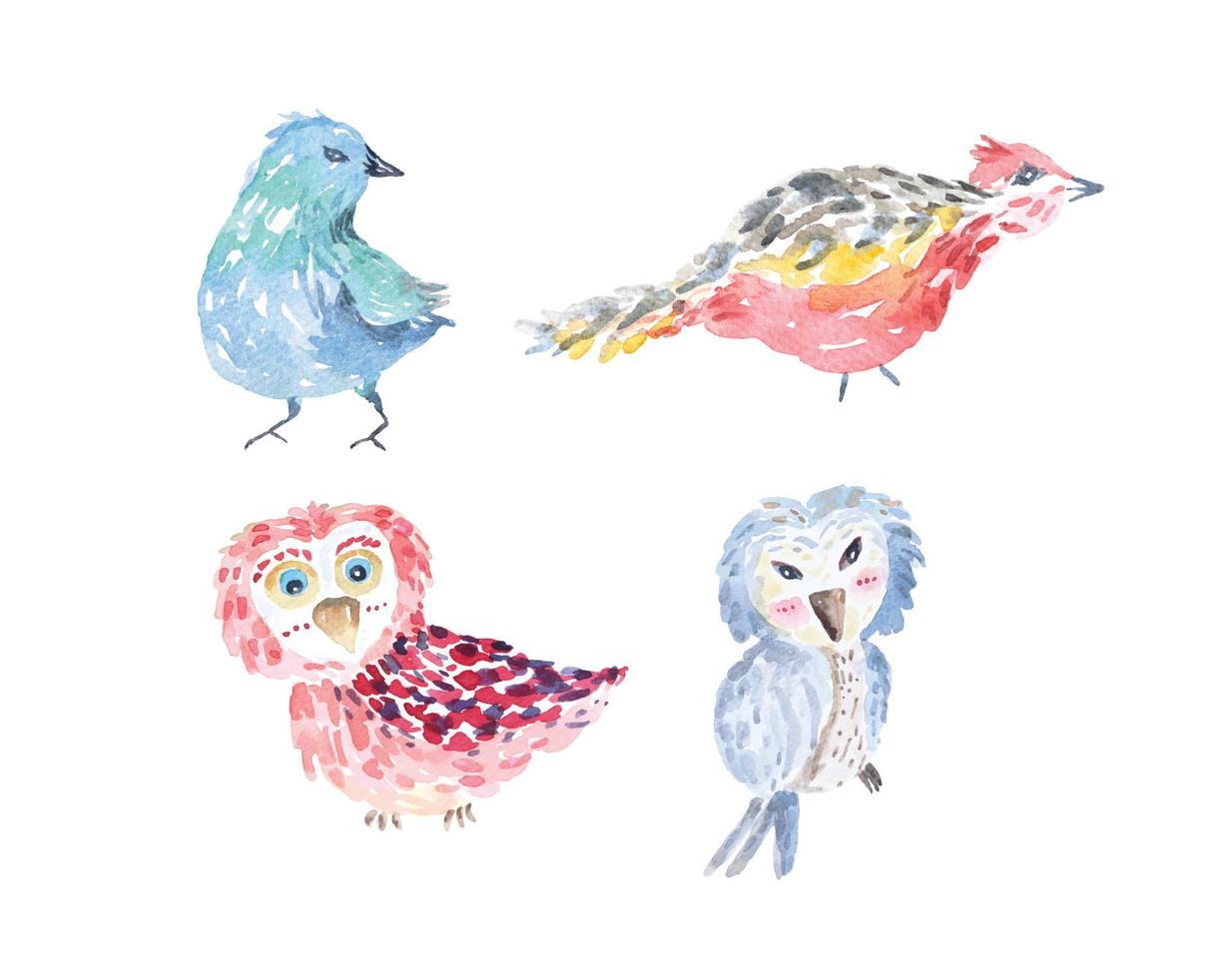 Cute birds watercolor.Cartoon poultry parrot art style kids.Style drawn by child.Abstract animal.owl vector