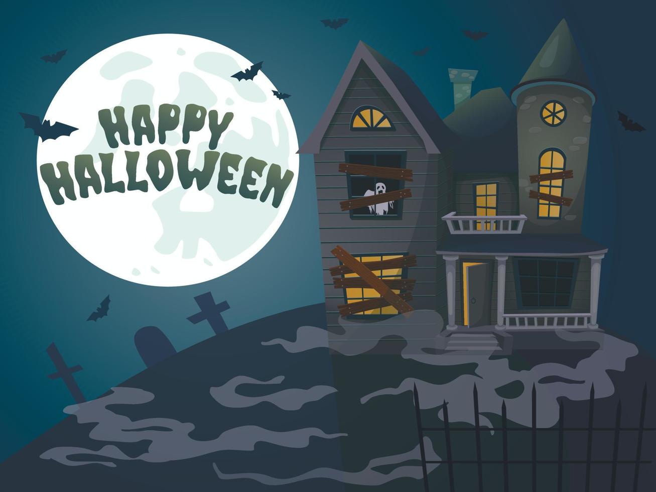 Halloween haunted house on blue Moon background. Happy Halloween poster vector illustration.