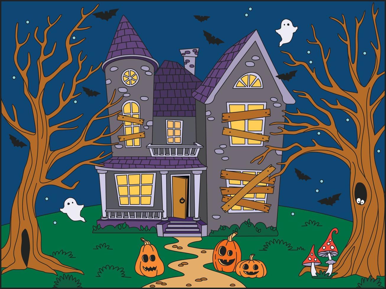 Halloween haunted house on blue night background. Vector illustration.