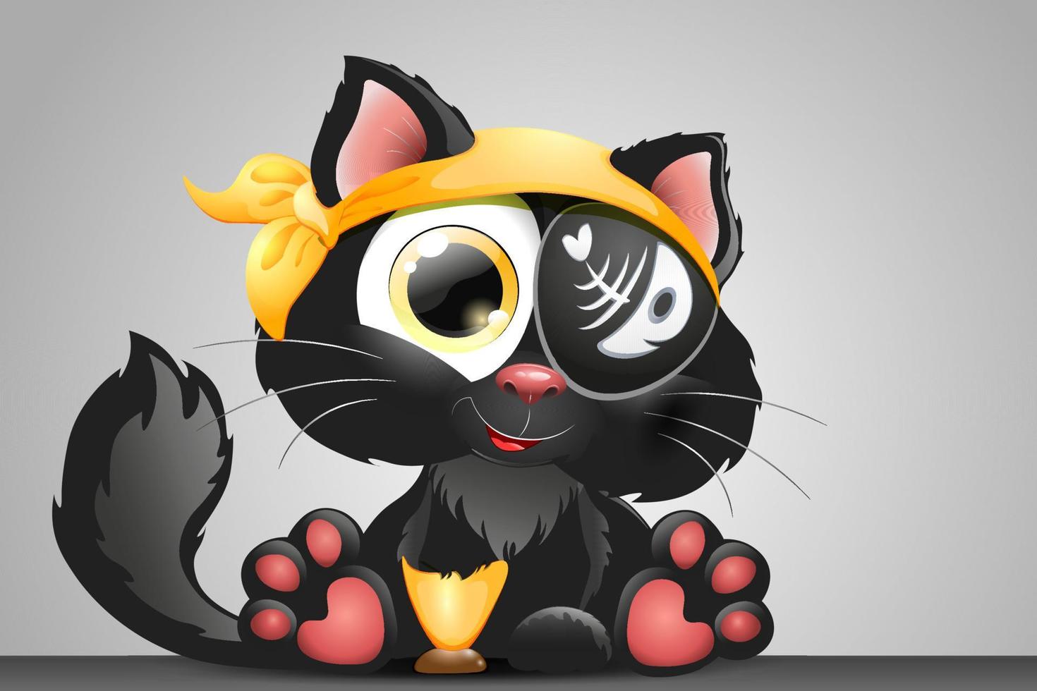 A black pirate cat with a yellow headband, a golden crutch and an eye patch with a fish bone vector