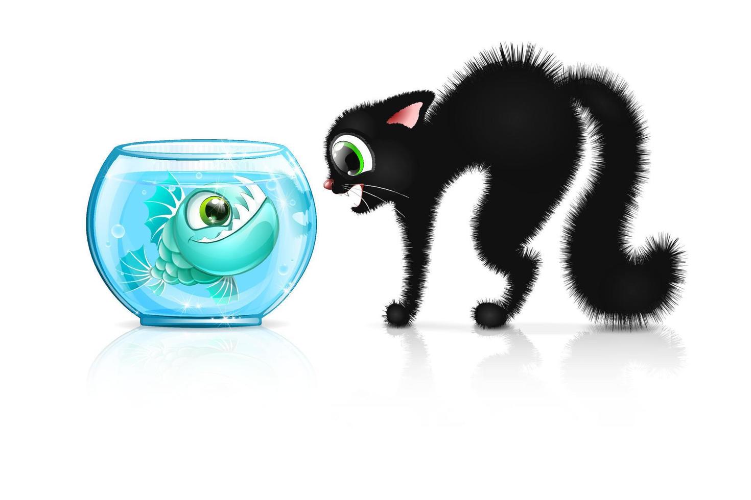 Black fluffy funny cartoon cat is shocked that the angler fish is in the aquarium vector