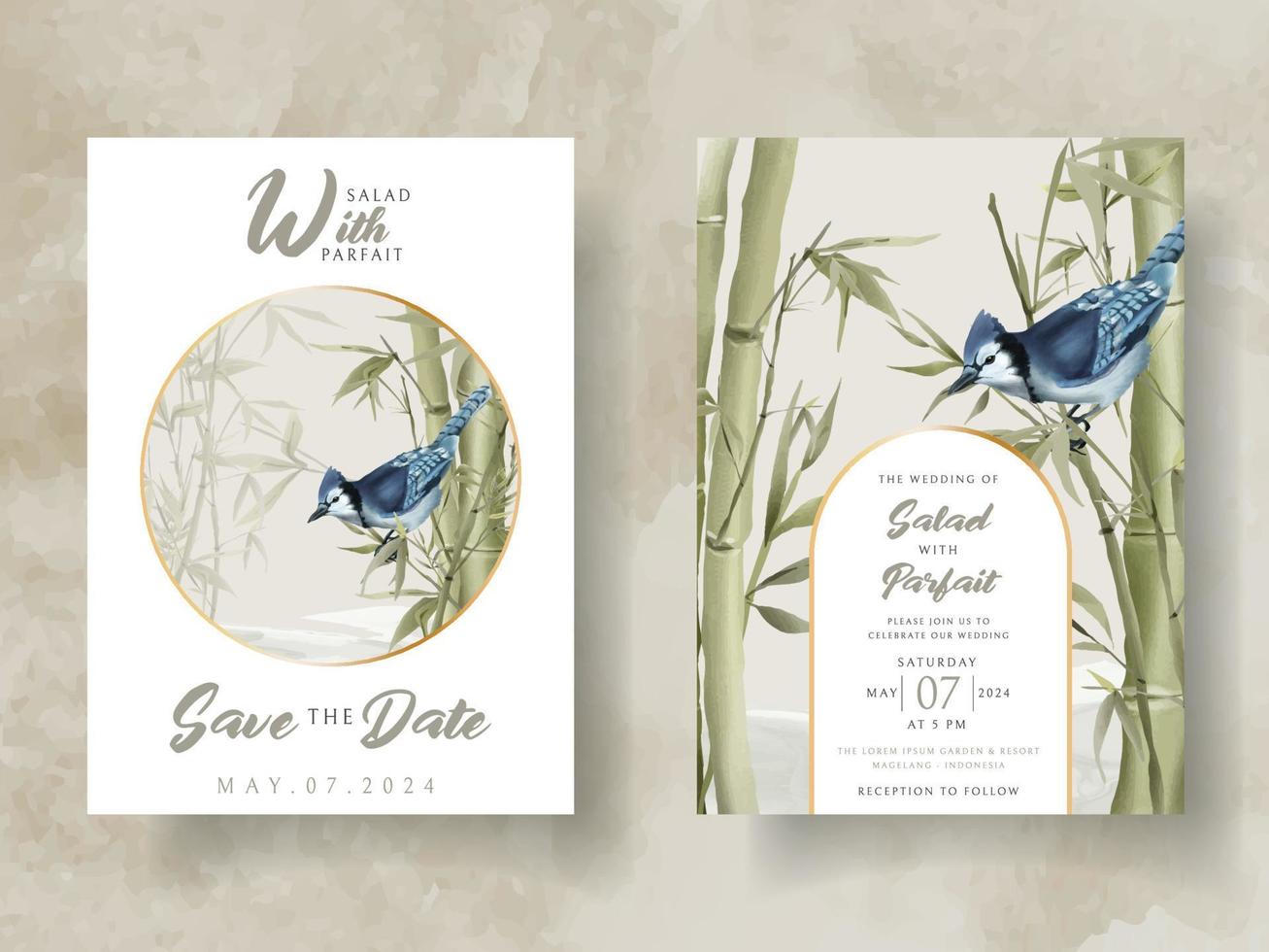 wedding invitation card set with hand drawn bamboo illustration vector