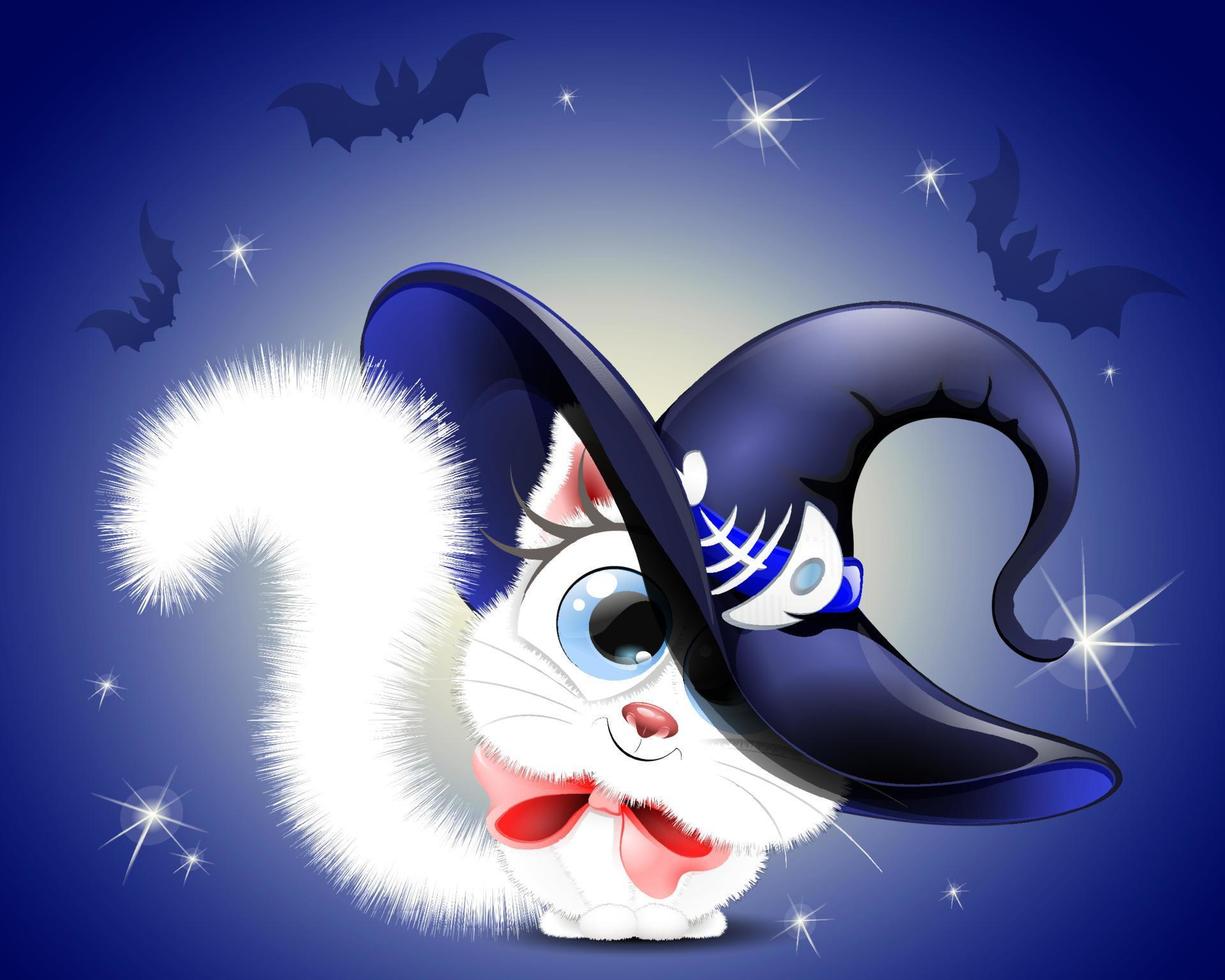 Cute fluffy little white cartoon cat in witch hat with fish bone belt and red bow. vector
