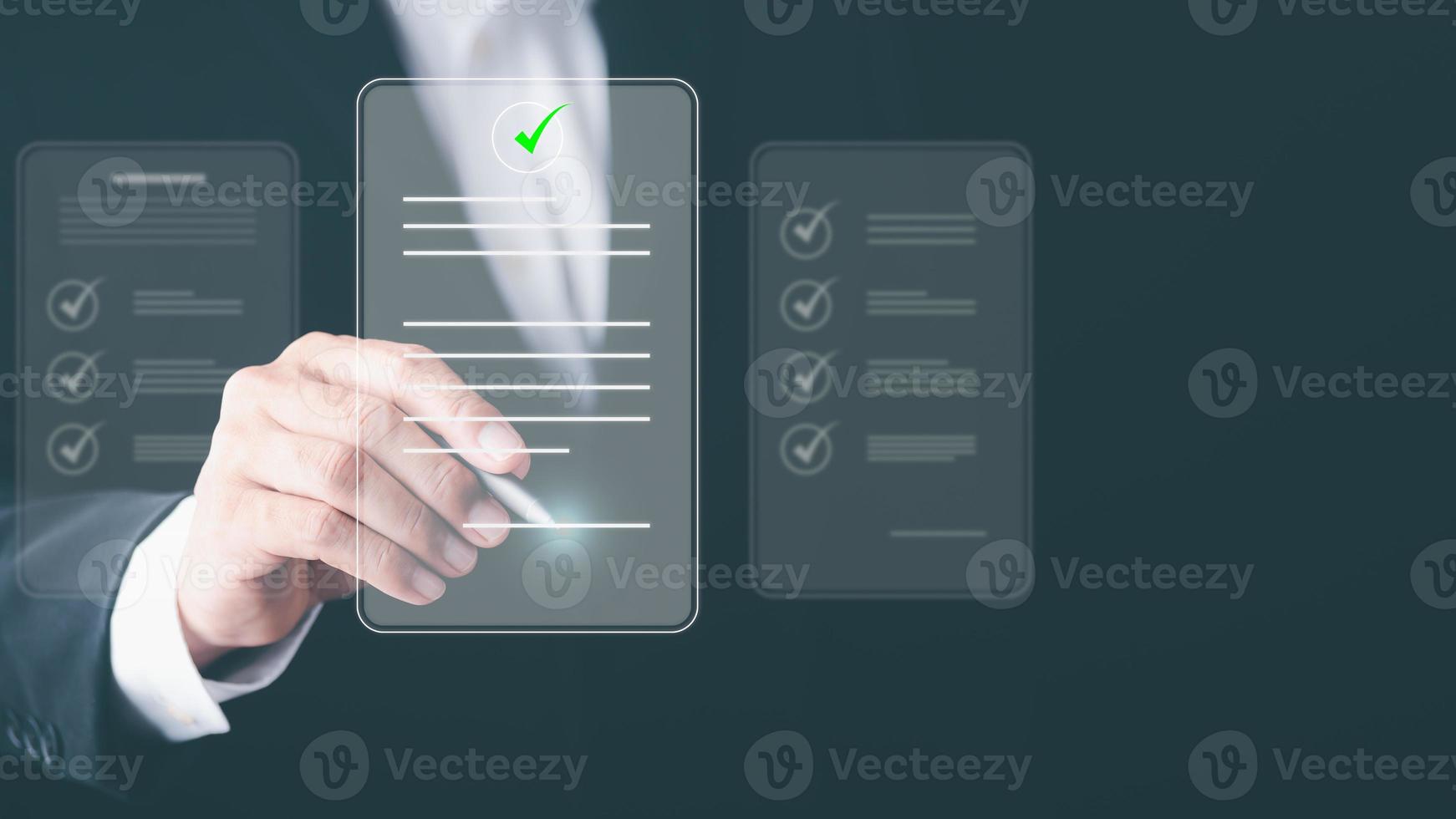 E-signing, electronic signature, business people review and manage business documents, business contract signing, contract document approval, confirmation or guarantee certificate. photo