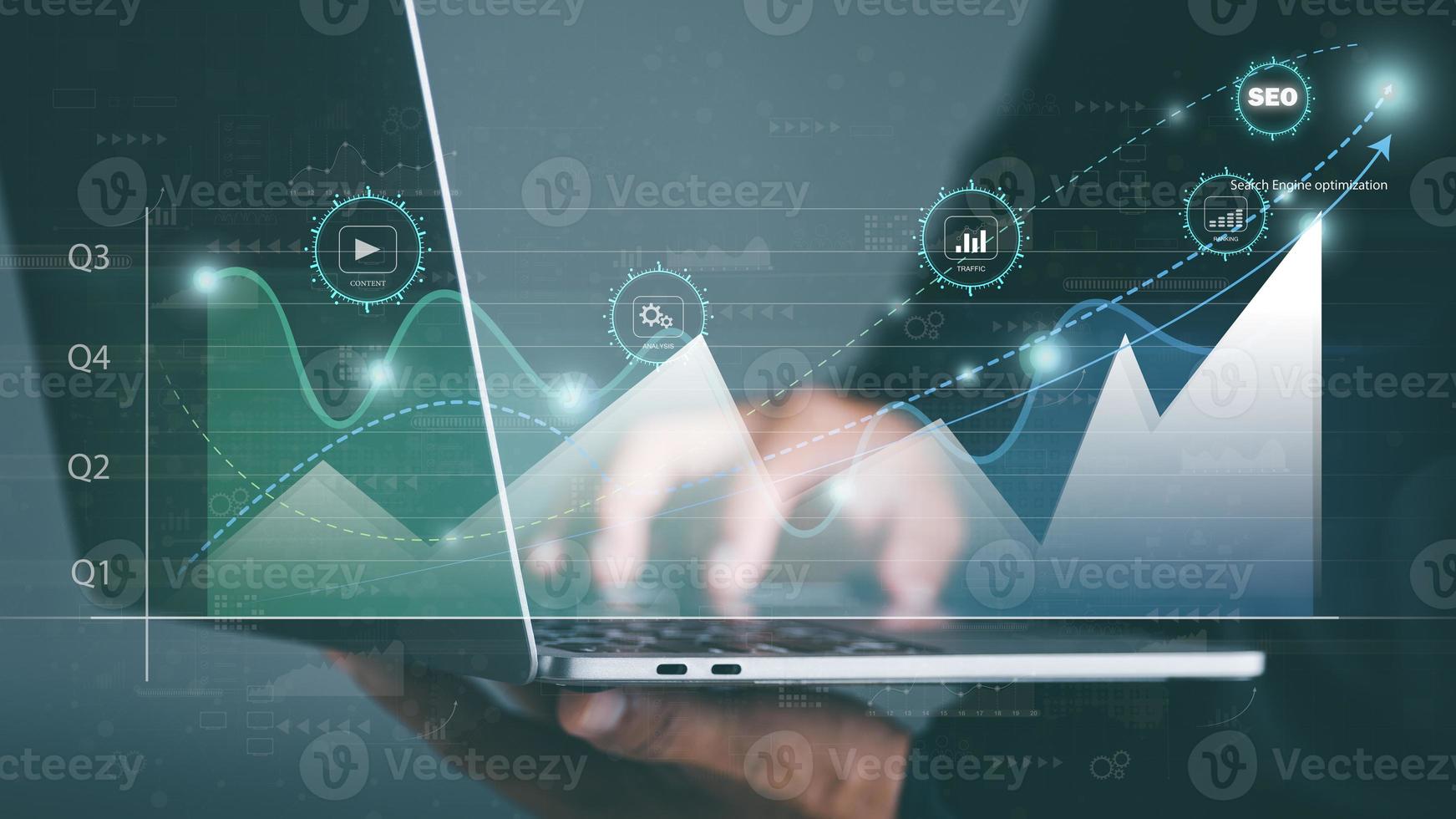 SEO Concepts Optimization Analysis Tool Search engine rankings social media sites based on results analysis data,customers use keywords to link products,business people holding laptops showing graphs photo