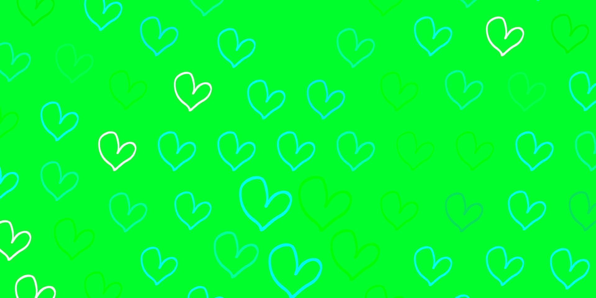 Light Blue, Green vector pattern with colorful hearts.