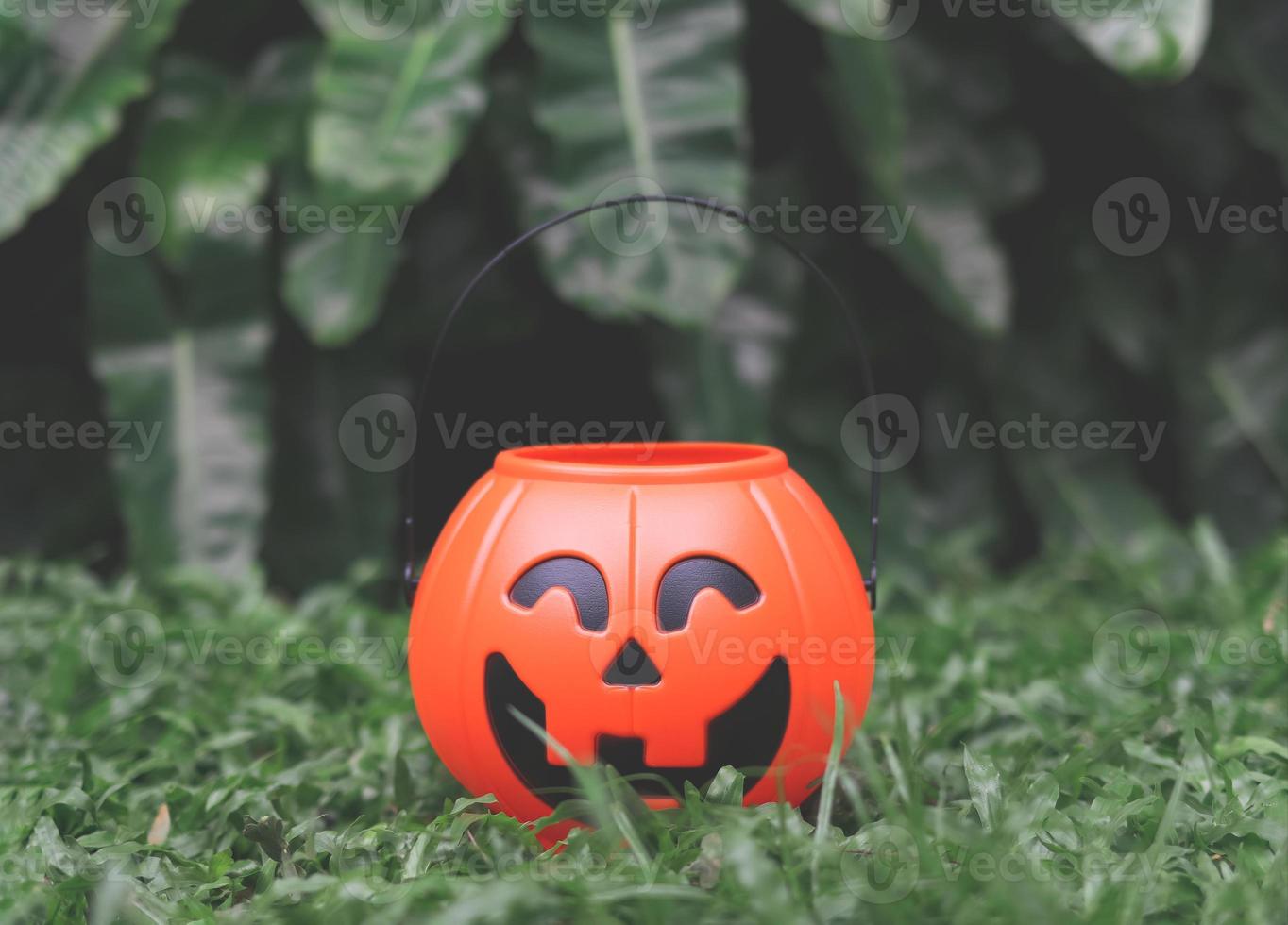 plastic halloween pumpkin figure basket on green grass in the garden. Jack o'lantern basket, halloween decoration trick or treat concept. photo