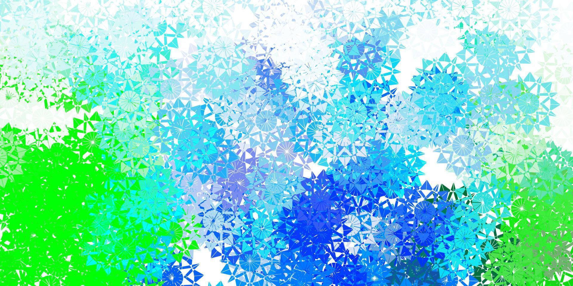 Fondo de vector azul claro, verde con copos de nieve de Navidad.