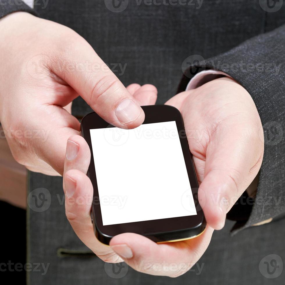 mobile phone cutout screen in businessman hand photo