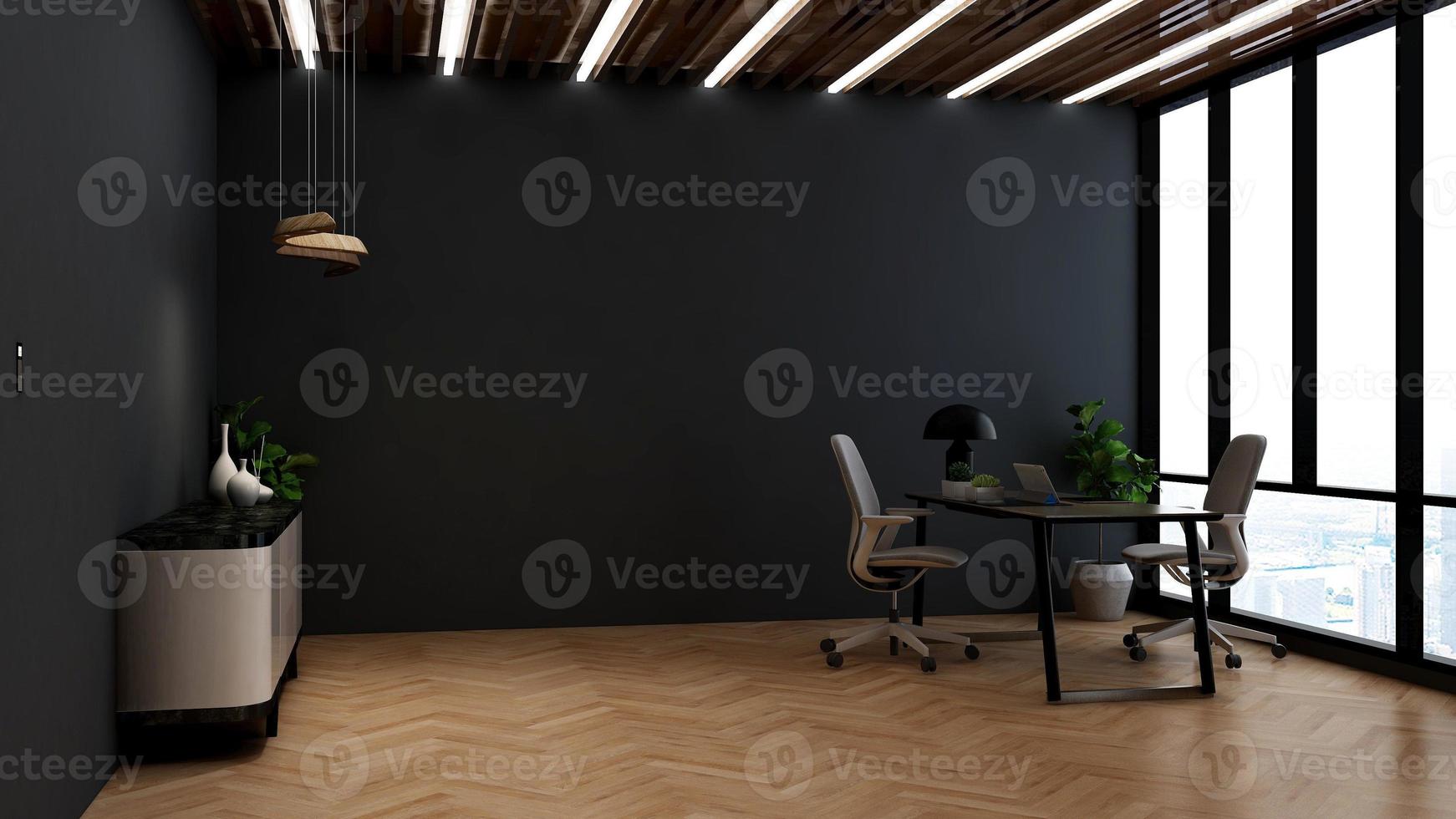 3D Render Side view of modern office design - manager room interior wall mockup with dark concept photo