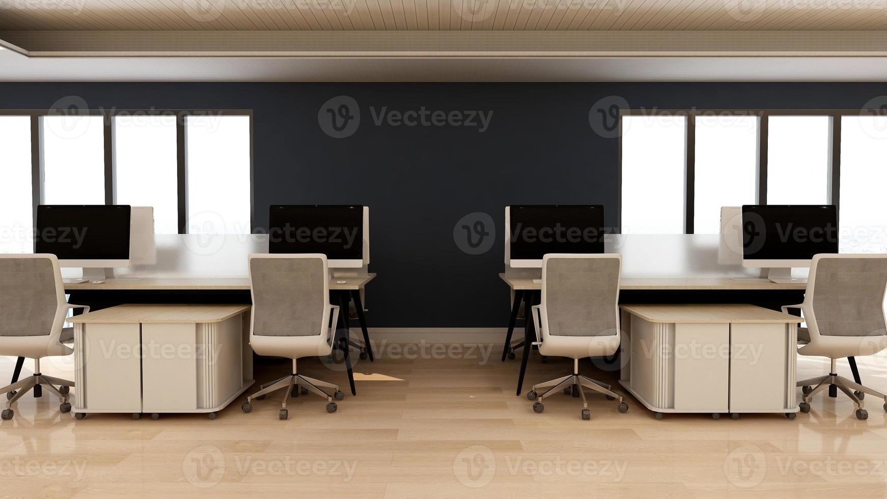 diseño de interiores de oficina minimalista moderno y oscuro en 3d - área de trabajo de espacio abierto foto