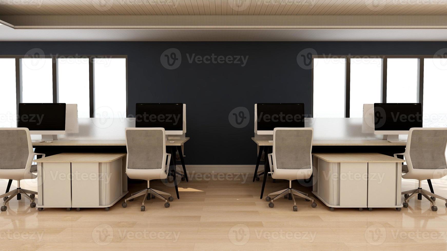 Dark modern minimalist office workplace interior design in 3d render - Open space working area photo