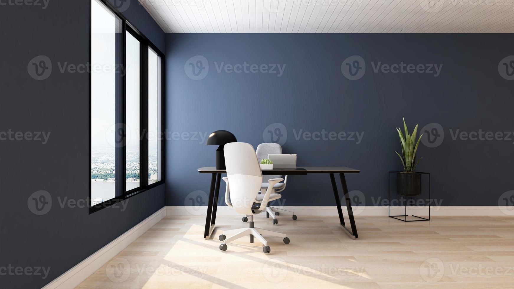 3D Render Blue modern office design - manager room interior wall mockup photo