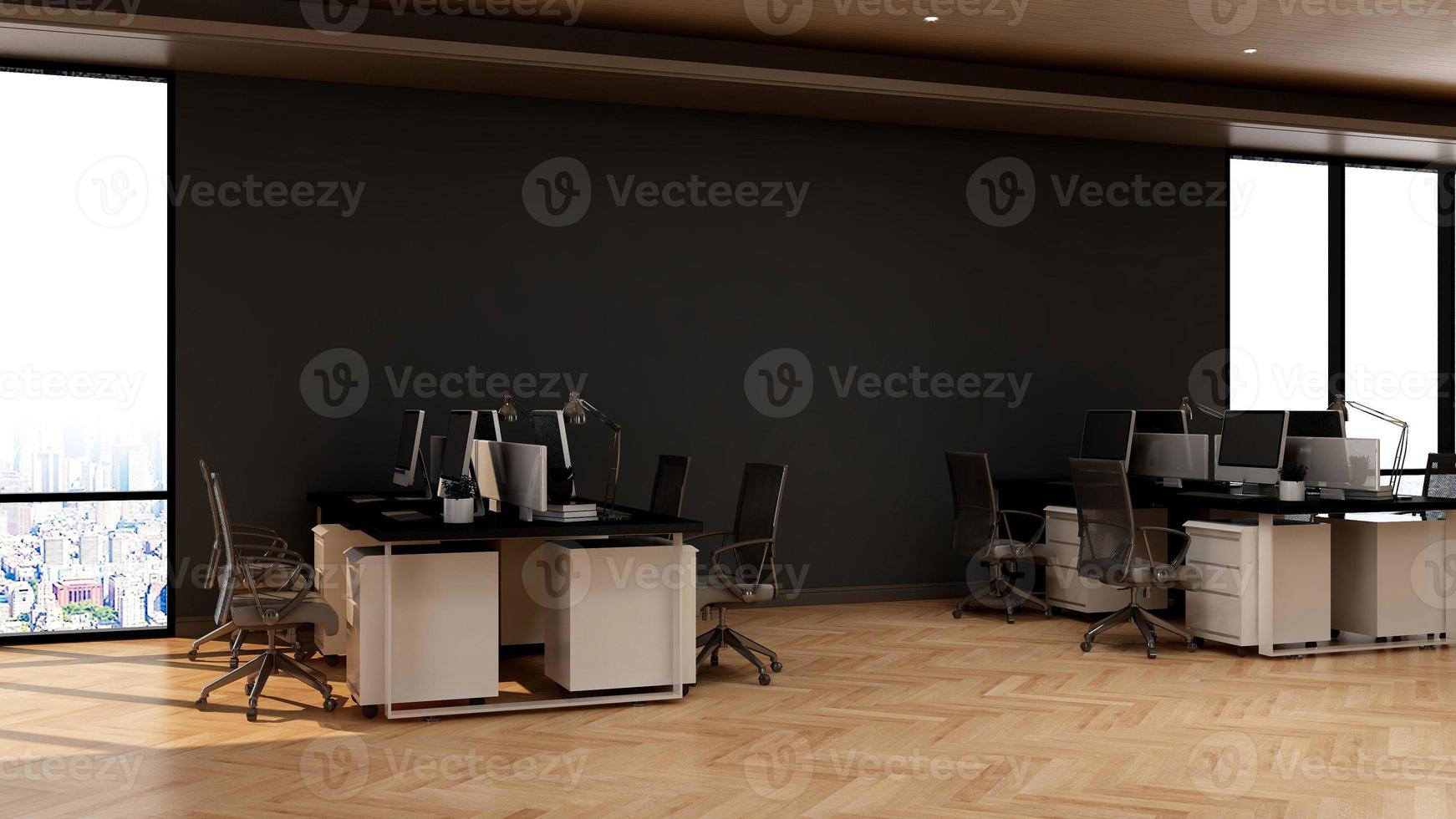 Dark modern minimalist office workplace interior design in 3d render - Open space working area photo