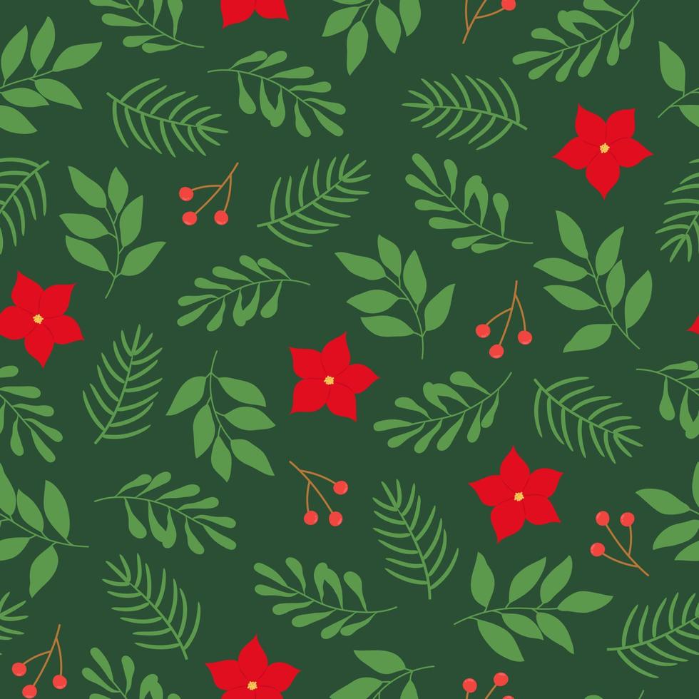 Seamless pattern with winter twigs and poinsettia flowers on green background. Good for fabric, wallpaper, packaging, textile, web design. vector