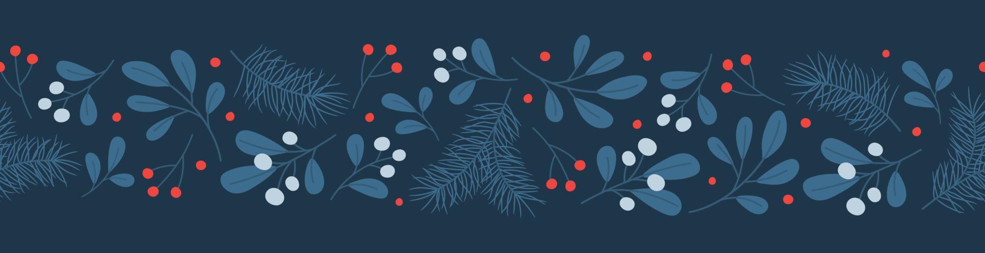 Seamless border with winter twigs in blue colors. Template for winter Christmas design vector