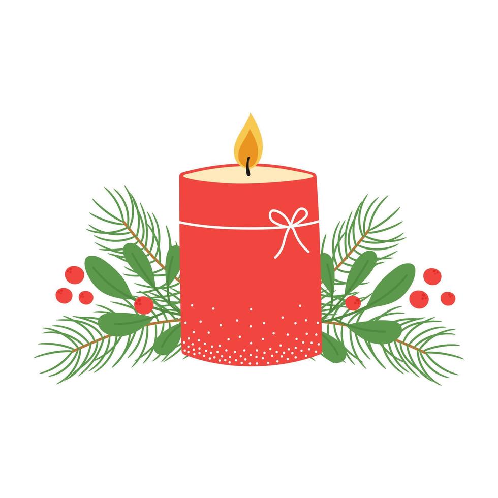 Red burning candle with mistletoe and pine branches. Template for winter Christmas design. vector