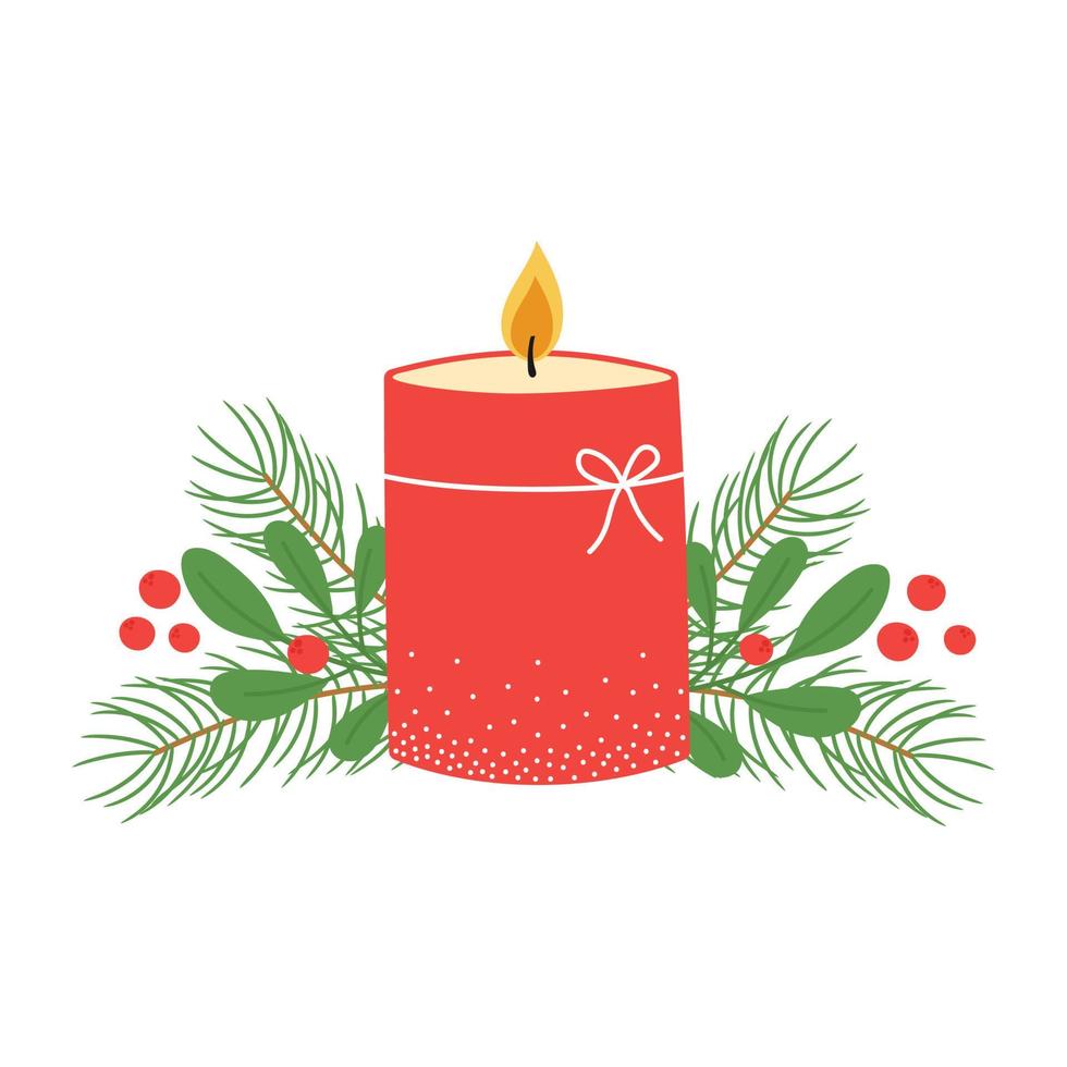 vela roja encendida con muérdago y ramas de pino. plantilla para el diseño de navidad de invierno. vector