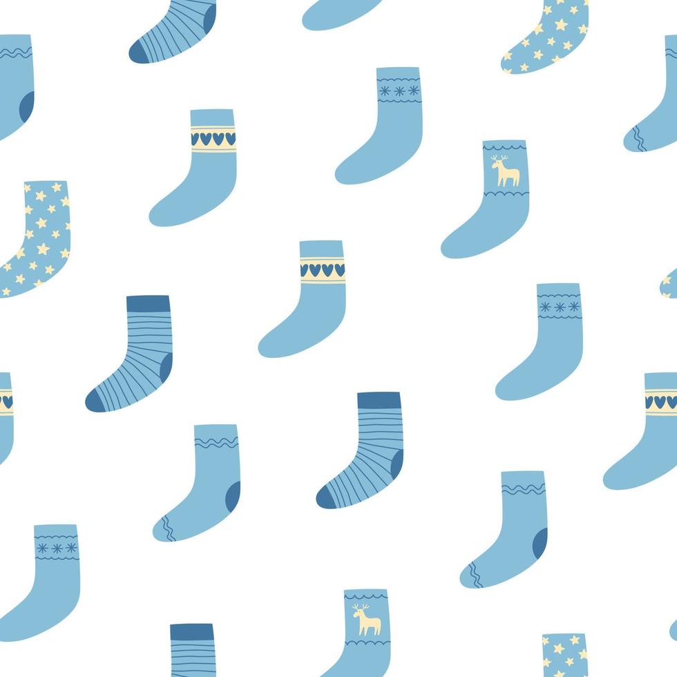 Seamless pattern of blue Christmas socks on white background. Doodle style. Christmas winter background. vector