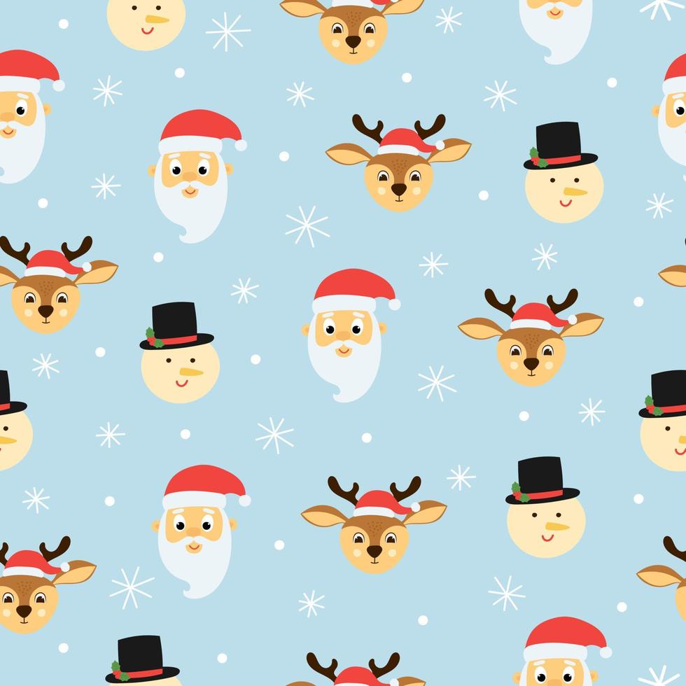 Seamless pattern of cute deer, snowman and santa claus on blue background. Background for Christmas design. vector