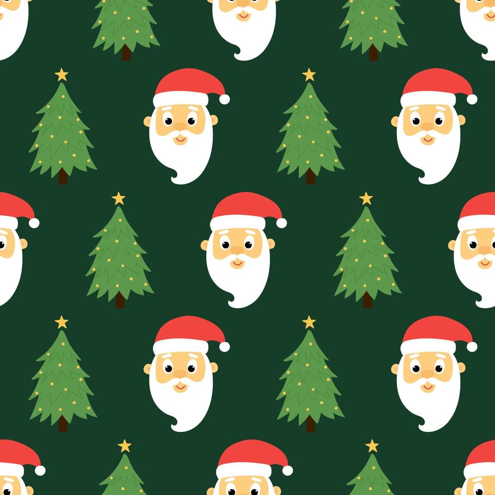 patrón sin costuras de linda cabeza de santa claus y árbol de navidad sobre fondo verde. fondo para el diseño de navidad vector