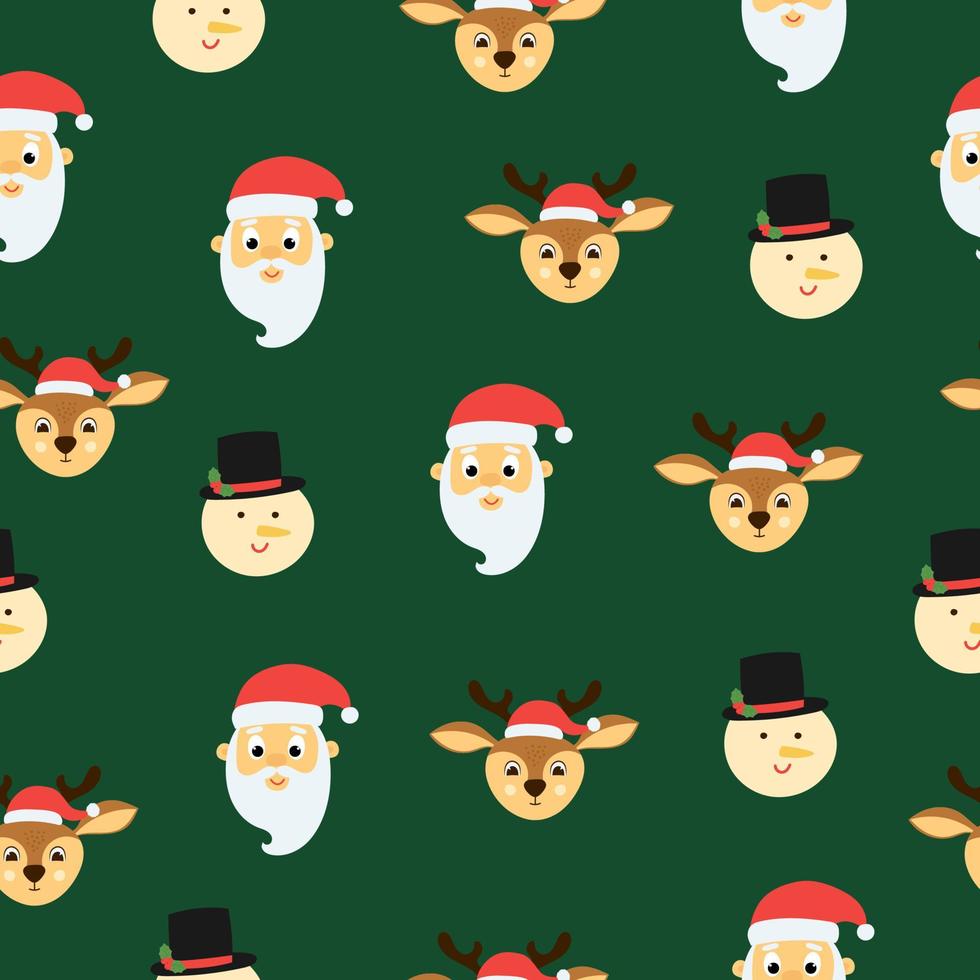 Seamless pattern of cute deer, snowman and santa claus on green background. Background for Christmas design. vector