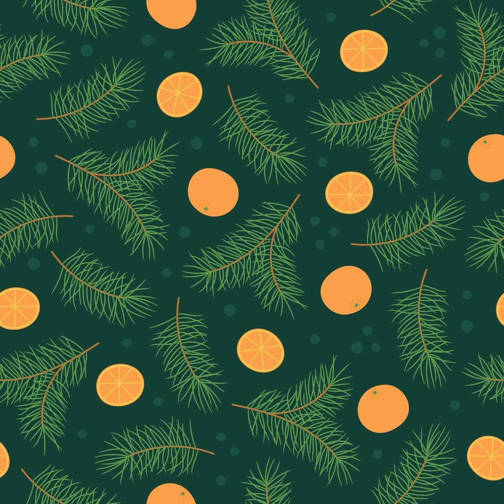 Seamless pattern with pine twigs and oranges on green background. Good for fabric, wallpaper, packaging, textile, web design. vector