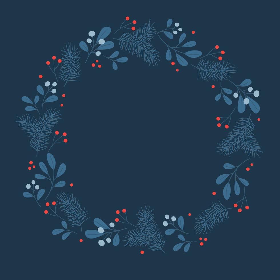 Winter wreath with mistletoe and pine twigs in blue colors. Template for Christmas greeting card, invitation, poster, banner, print. vector
