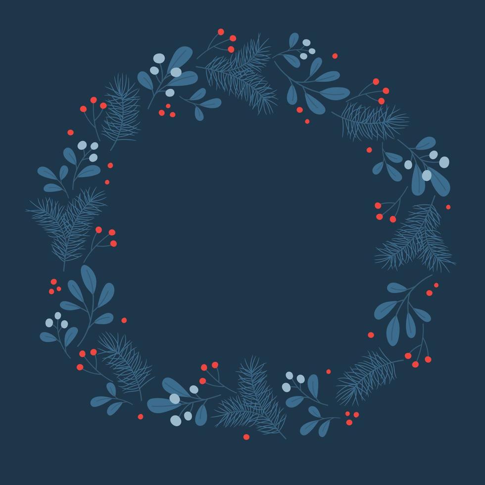 Winter wreath with mistletoe and pine twigs in blue colors. Template for Christmas greeting card, invitation, poster, banner, print. vector