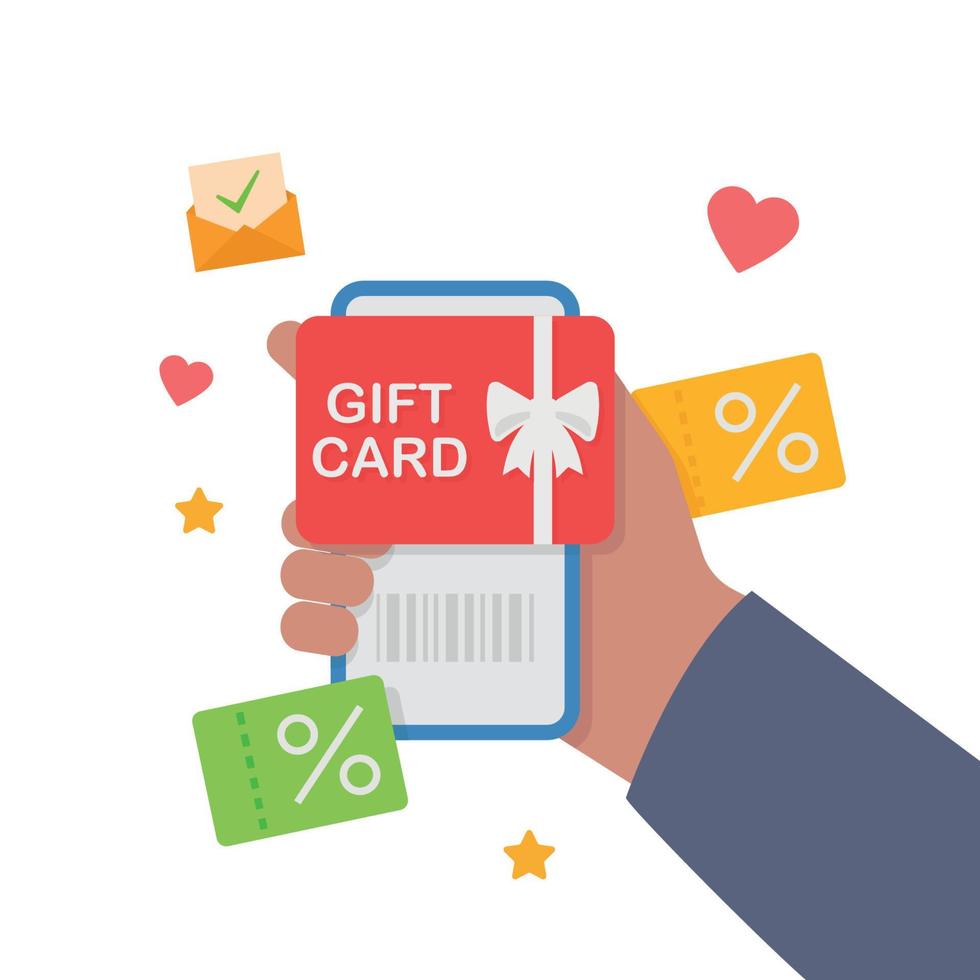 Hand holding mobile gift card and promotion strategy, discount coupon app illustration. vector