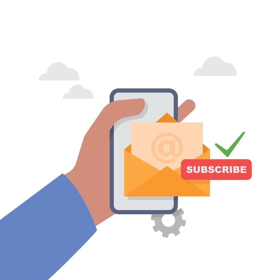 Subscribe to newsletter. Open envelope with letter on phone. Sign up to mailing list illustration. vector
