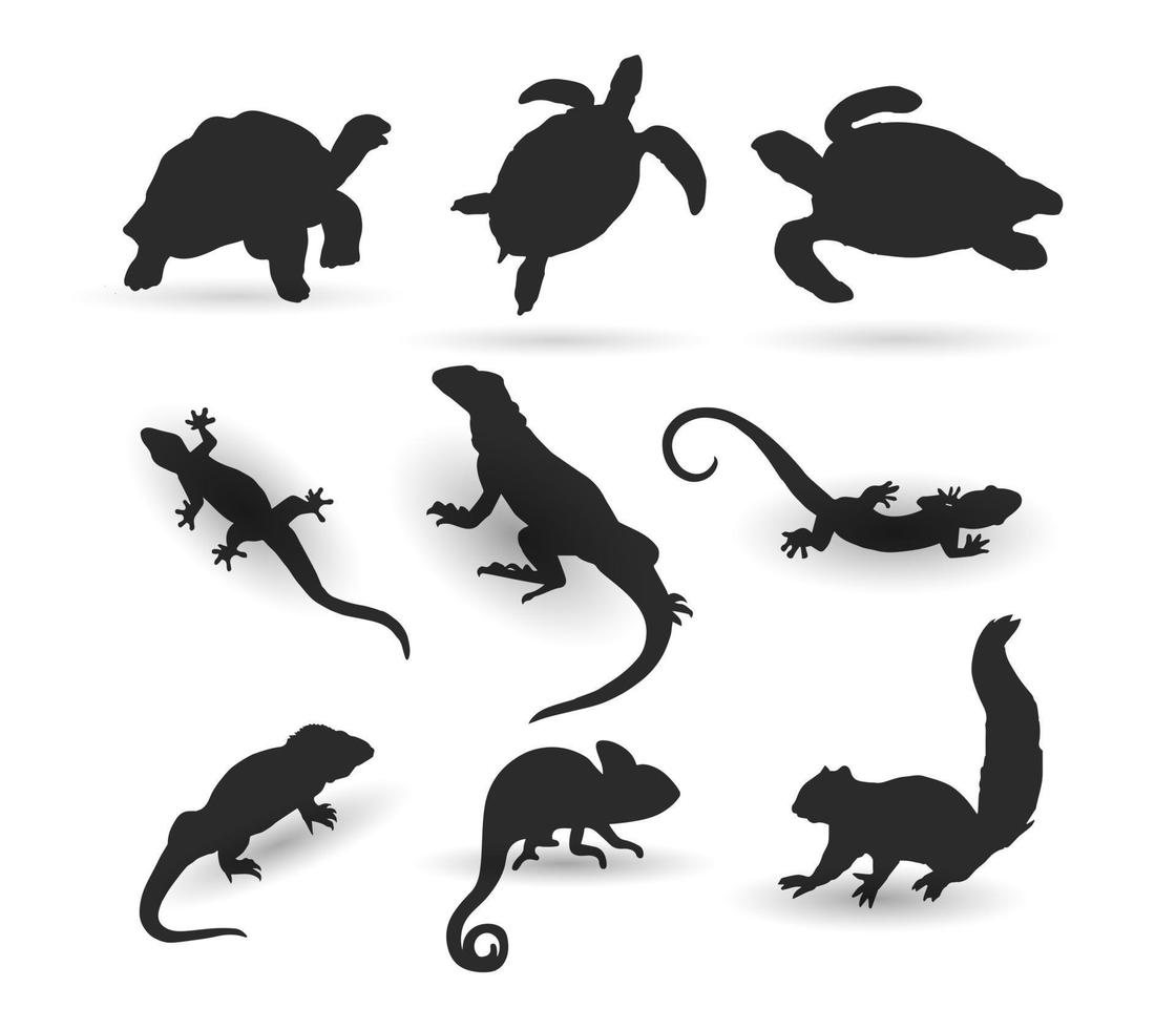 vector set of silhouette illustrations of animals, turtles, komodo dragons, lizards, iguanas and squirrels