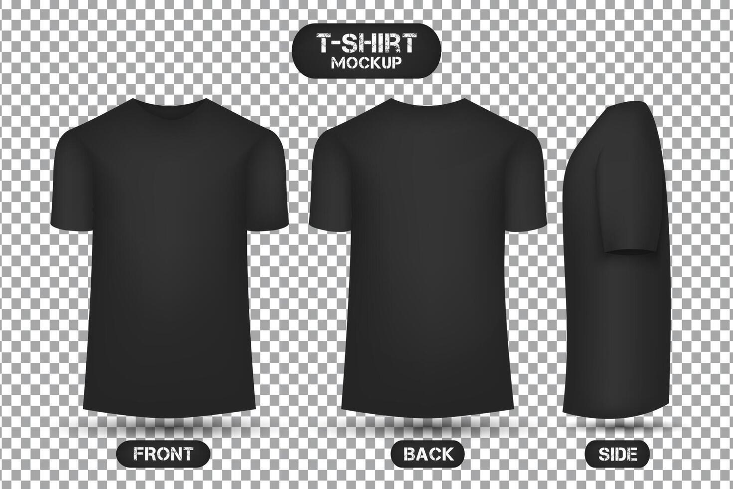 diseño de camiseta negra simple, con vistas frontal, posterior y lateral, vector de maqueta de camiseta de estilo 3d