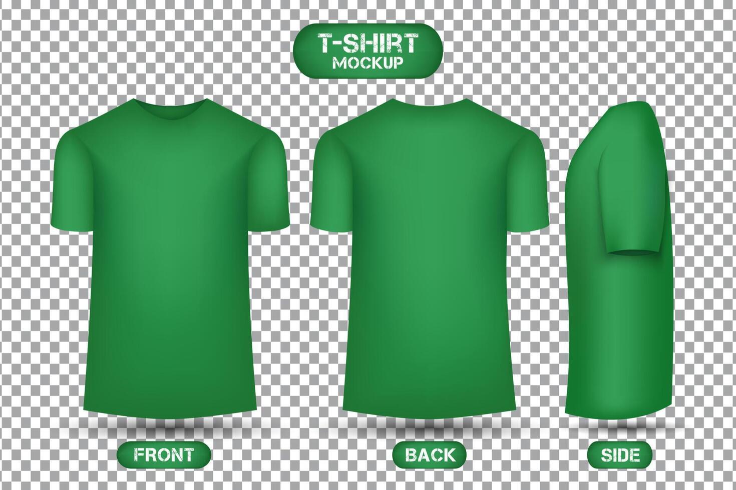 diseño de camiseta verde liso, con vistas frontal, posterior y lateral, vector de maqueta de camiseta de estilo 3d