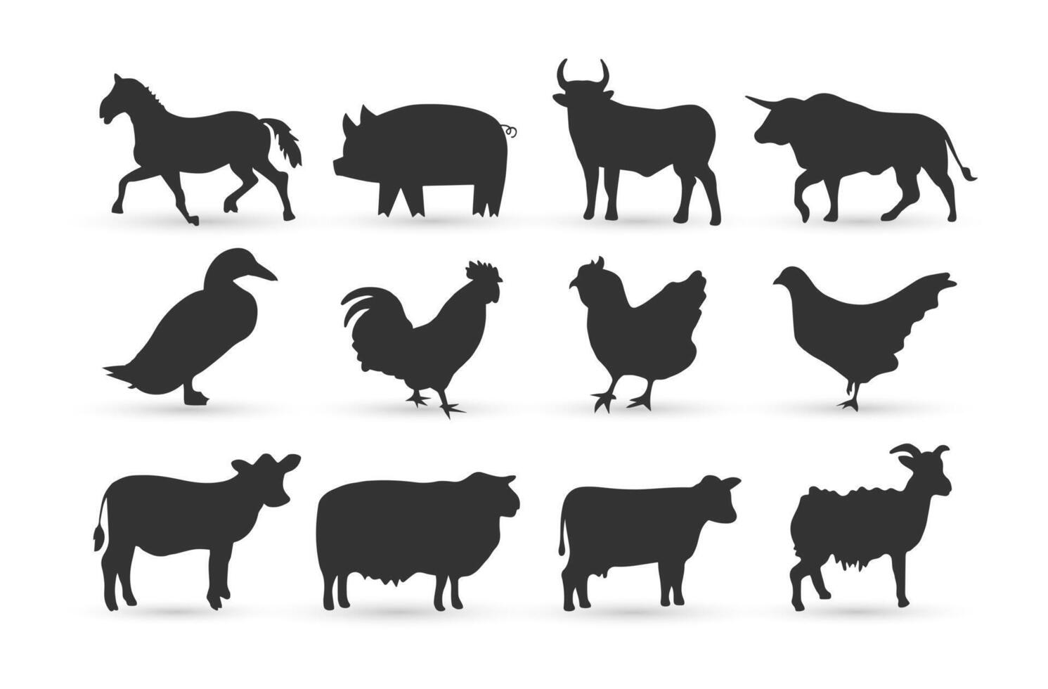 silhouettes of farm animals, chickens, cows, goats, buffalo, horses, pigs and ducks vector