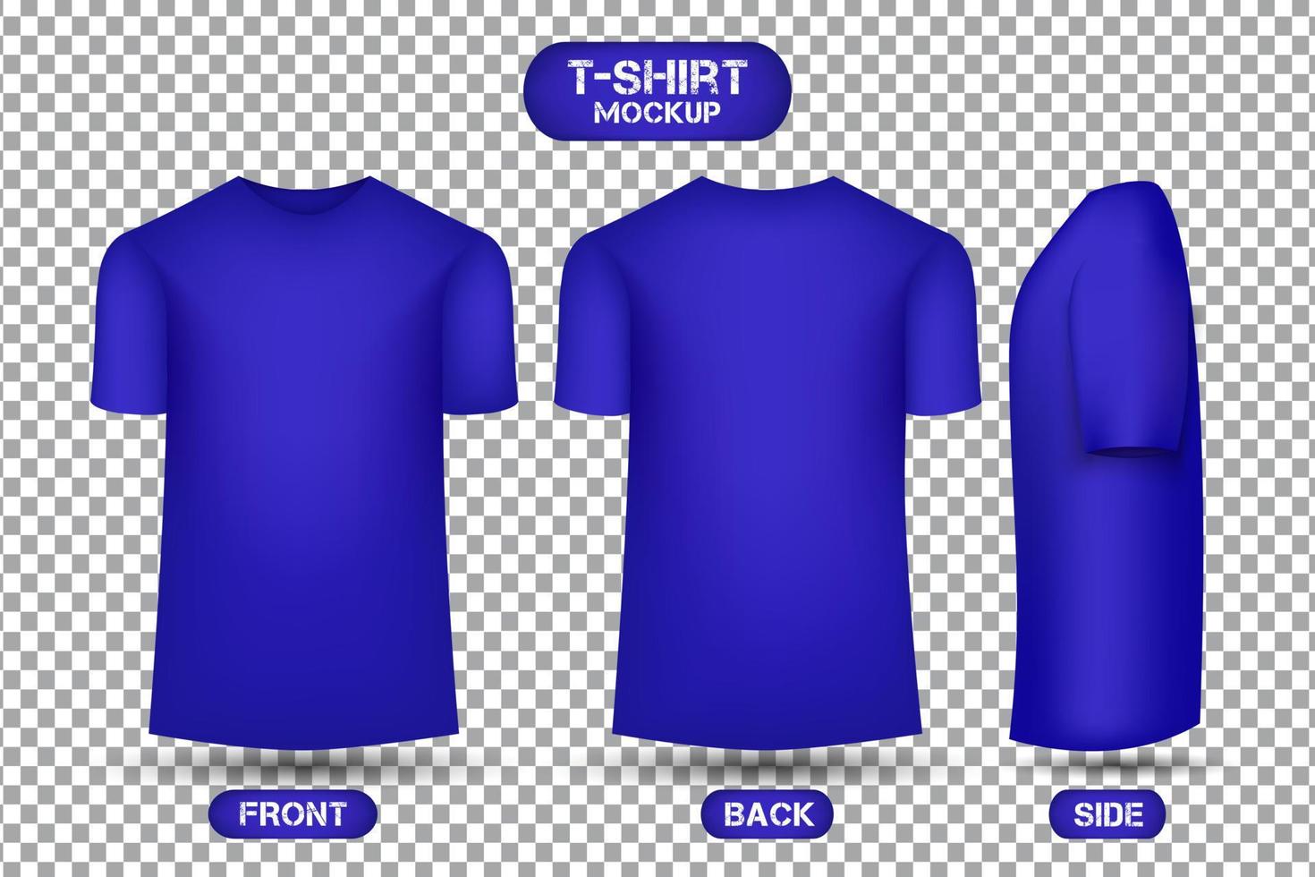 diseño de camiseta azul liso, con vista frontal, trasera y lateral, vector de maqueta de camiseta de estilo 3d