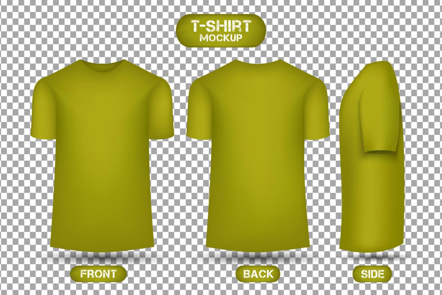 diseño de camiseta amarillo liso, con vistas frontal, posterior y lateral, vector de maqueta de camiseta de estilo 3d