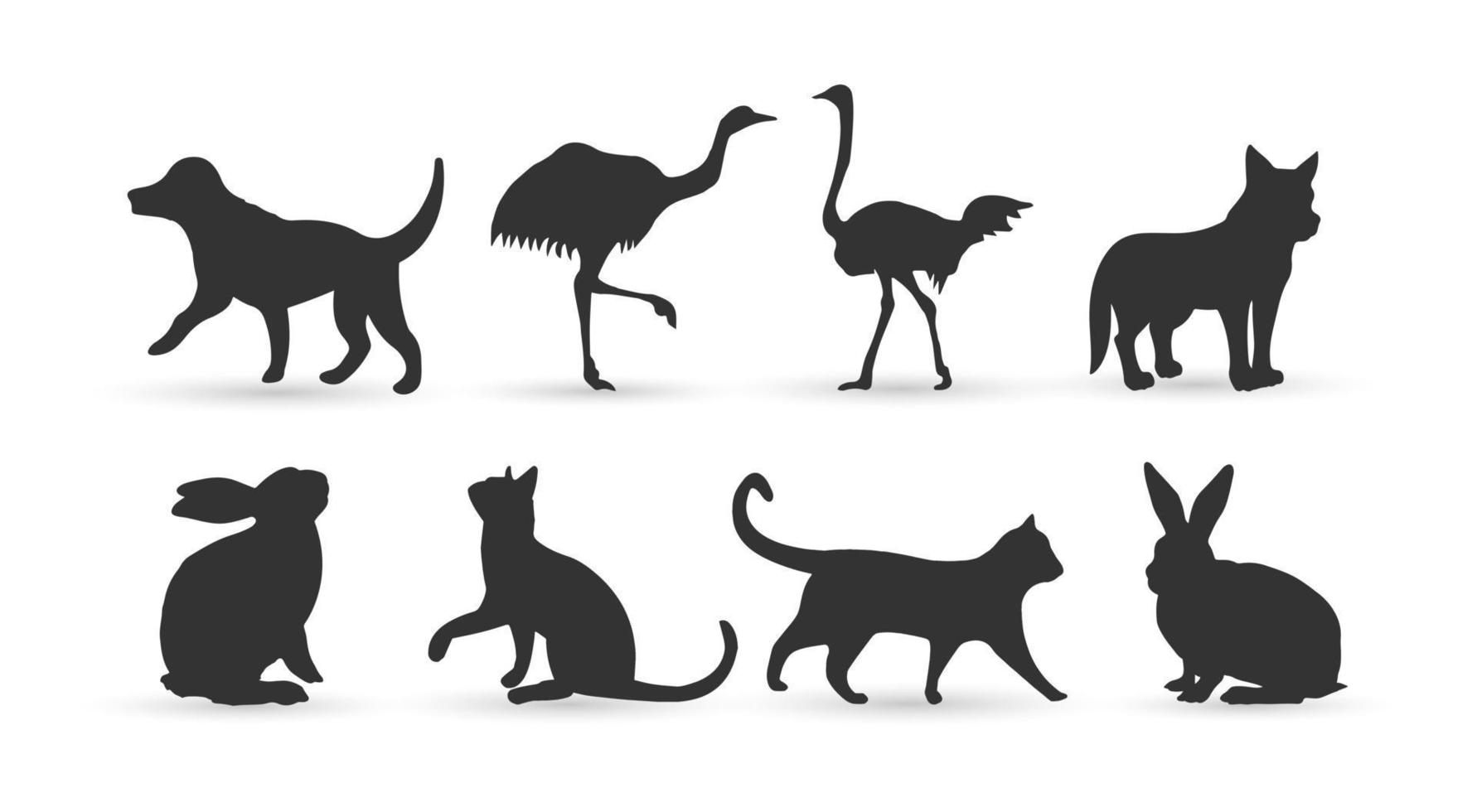 siluetas de mascotas, gatos, perros, conejos, avestruz vector
