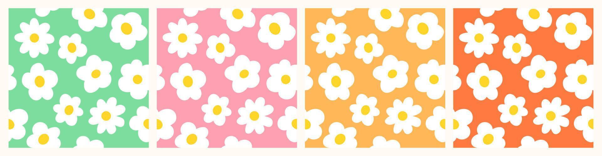 conjunto de flores de manzanilla sobre fondos multicolores, en diseño plano, patrones vectoriales editables sin costuras. colección de estampados florales sencillos, tonos de amarillo, rosa y verde. vector