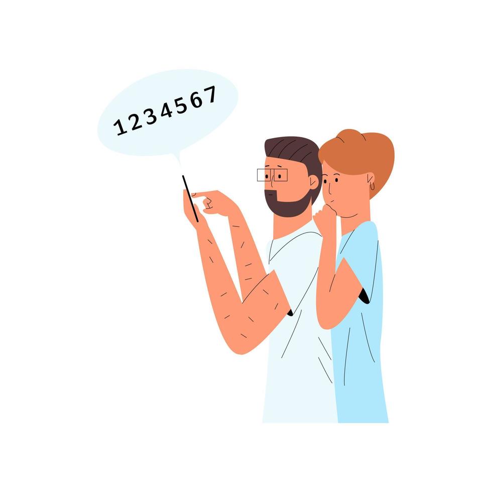 Husband and wife leave a rating in the application on the phone. Concept CSAT, CES, NPS. Vector illustration