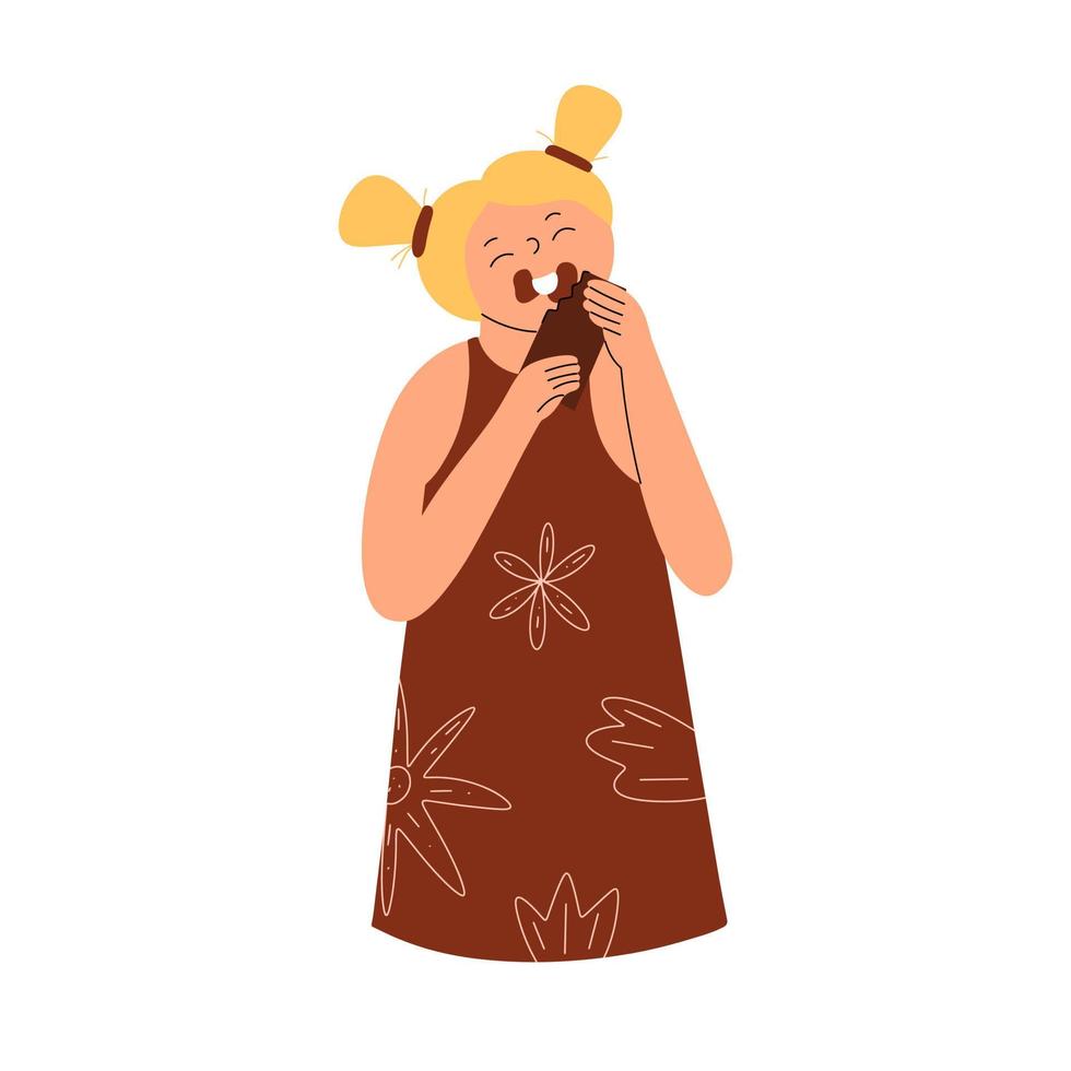 A little girl eats a chocolate bar and gets her face dirty. Vector illustration in flat style