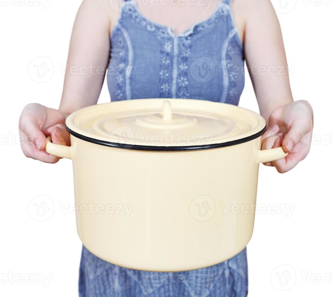 woman with large closed saucepan isolated photo